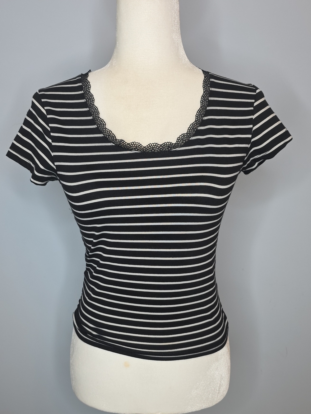 Splash Black & White Striped Scoop Lace-Trim Short Sleeve Tee